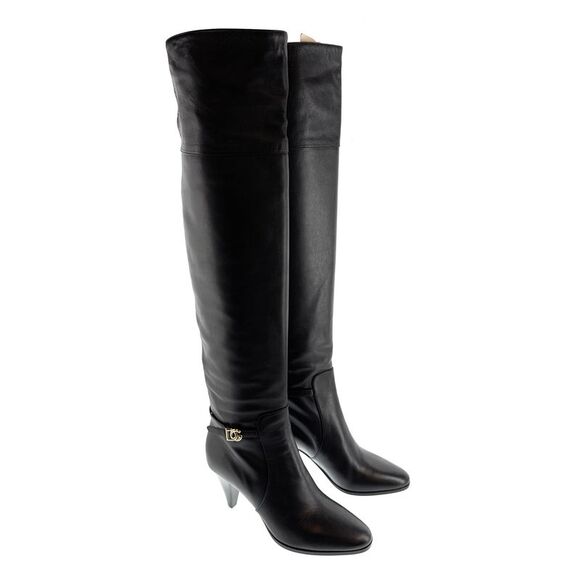 Dolce & Gabbana Classic Black Leather Mid-Heel Knee Boots-EU39